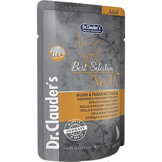 Dr. Clauders Best Selection No. 7 Chicken, pheasant with apricots complete food with pieces of meat for cats pocket 85 g