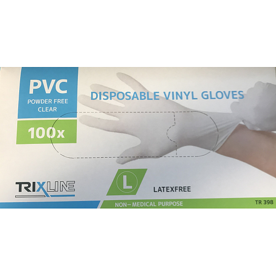 Trixline Hygienic disposable vinyl non-powdered gloves, size L, box of 100 pieces