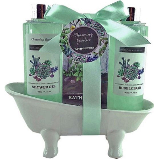 Salsa Collection Marakuja and Grep shower gel 140 ml + cream bath foam 140 ml + bath salt 50 g, cosmetic set in a green tub