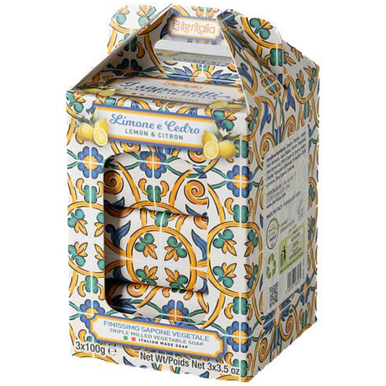 Iteritalia Lemon & Citron Italian Natural Toilet Soap 3 x 100 g, Christmas Gift Set