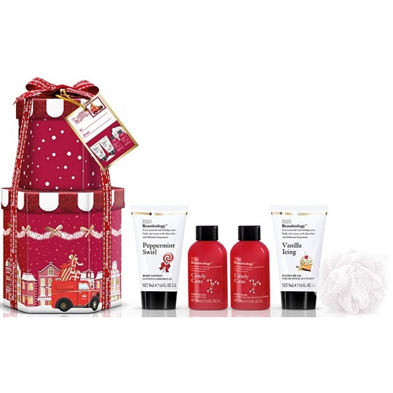 Baylis & Harding Red Collection Sweet bar soap 100 ml + Sweet bar shower gel 100 ml + Peppermint swirl body lotion 50 ml + Vanilla icing hand cream 50 ml + Sweet bar bath crystals 25 g + massage sponge, cosmetic set