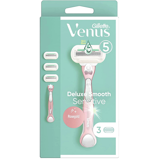 Gillette Venus Sensitive Rose Gold Razor with Metal Handle + 3 Replacement Blades for Women