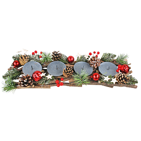Christmas wooden candle holder for 4 candles with red accessories and pine cones 51 cm