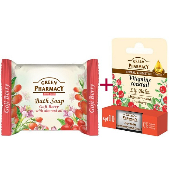 Green Pharmacy Vitamins Cocktail - Cranberry vitamins and jojoba oil lip balm 2 x 3,6 g + Custard fruit and Almond oil toilet soap 100 g, cosmetic set