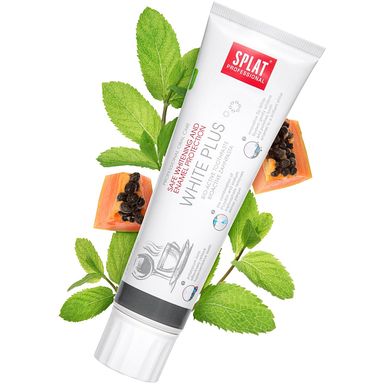 Splat Professional White Plus bioactive toothpaste safely whitens and polishes teeth to a high gloss of 100 ml