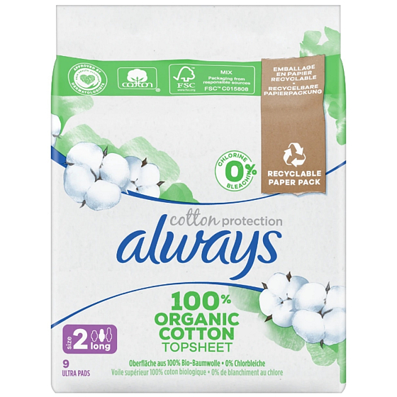 Always Ultra Long Cotton Protection sanitary pads with wings, 9 pieces