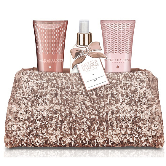 Baylis & Harding Jojoba, Silk and Almond Oil shower gel 100 ml + hand and body lotion 100 ml + body spray 100 ml + pink sequin handbag, cosmetic set