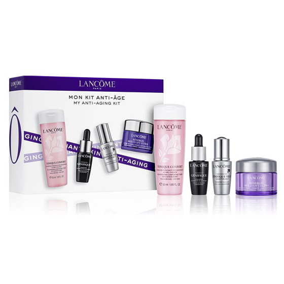 Lancome Tonique Confort Moisturizing and Soothing Toner for Dry Skin 50 ml + Génifique Yeux Light Pearl Eye and Eyelash Serum 5 ml + Rénergie Multi-Lift Ultra Firming and Lifting Day Cream 15 ml + Advanced Génifique Rejuvenating Serum 7 ml, cosmetic set