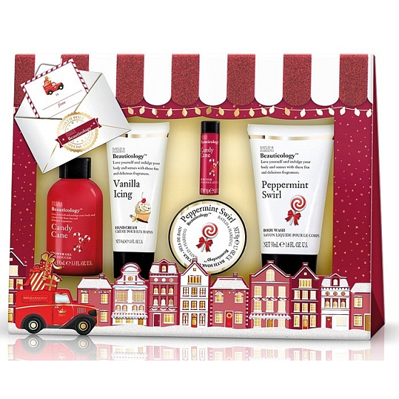 Baylis & Harding Red Collection Peppermint Swirl Liquid Body Soap 50 ml + Sweet Shower Gel 60 ml + Vanilla Glaze Hand Cream 30 ml + Peppermint Swirl Bath Crystals 70 g + Sweet Lip Balm 5 g, cosmetic set
