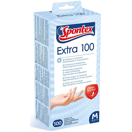 Spontex Extra 100 Disposable gloves, hypoallergenic, powder-free, vinyl, size M, box of 100 pieces