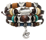 Leather multi-layer bracelet, crescent + heart symbol, adjustable size