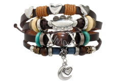 Leather multi-layer bracelet, crescent + heart symbol, adjustable size