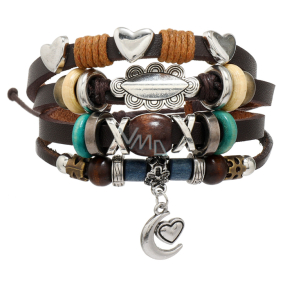 Leather multi-layer bracelet, crescent + heart symbol, adjustable size