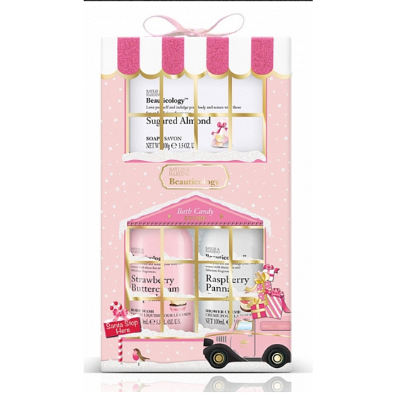 Baylis & Harding Strawberry Cupcake Liquid Body Soap 100 ml + Raspberry Panna Cotta Shower Cream 100 ml + Sugar Almond Soap 100 g Pink Collection Cosmetic Body Care Set