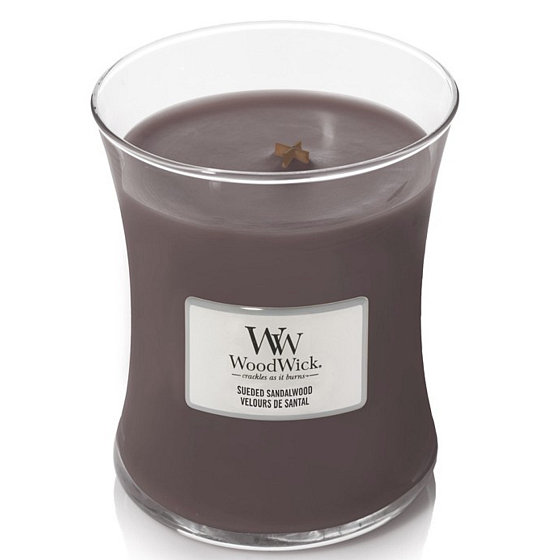 WoodWick Suede & Sandalwood - Suede sandalwood scented candle with wooden wick and lid glass medium 275 g