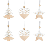 Wooden ornament for hanging with silver glitter 6 cm 6 pieces