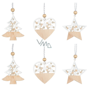 Wooden ornament for hanging with silver glitter 6 cm 6 pieces