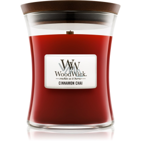 WoodWick Cinnamon Chai - Cinnamon and vanilla scented candle with wooden wick and lid glass small 85 g