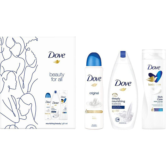 Dove Beauty For All Deeply Nourishing Shower Gel 250 ml + Rich Care Body Lotion 250 ml + Original antiperspirant spray 150 ml, cosmetic set