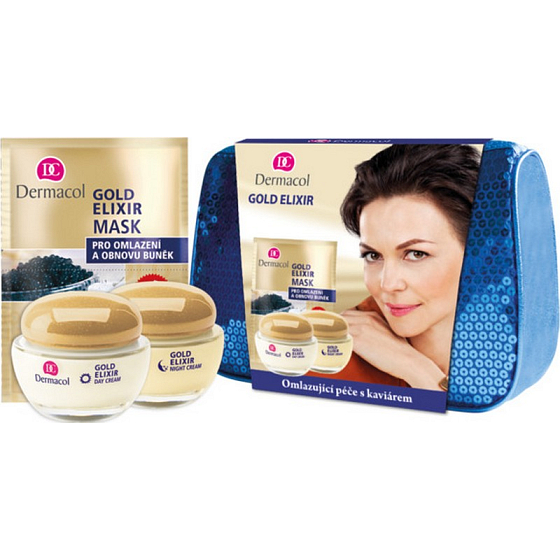Dermacol Gold Elixir Rejuvenating caviar day cream 50 ml + night cream 50 ml + face mask with caviar extract 16 ml + bag 1 piece, cosmetic set