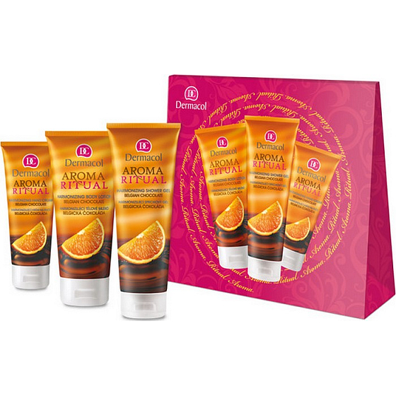 Dermacol Aroma Ritual Belgian chocolate Harmonizing gentle shower gel 250 ml + body lotion 200 ml + regenerating hand cream 100 ml, cosmetic set