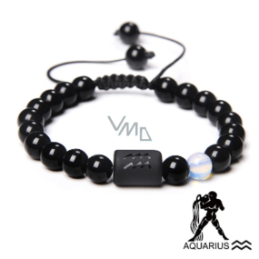 Onyx Aquarius zodiac sign, bracelet natural stone, ball 8mm/ adjustable size, life force stone