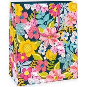 Ditipo Gift paper bag 18 x 10 x 22.7 cm dark blue, colorful flowers
