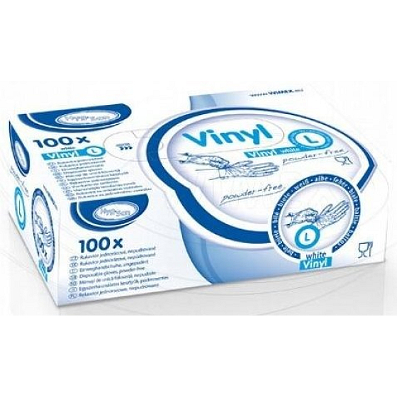 Wimex Hygienic disposable vinyl powder-free white gloves, size L, box of 100 pieces