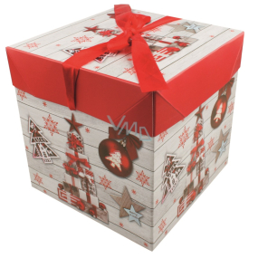 Folding gift box with Christmas ribbon with gifts and decorations 10.5 x 10.5 x 10.5 cm