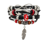 Leather multi-layer bracelet, symbol feather + anchor + infinity, adjustable size