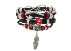 Leather multi-layer bracelet, symbol feather + anchor + infinity, adjustable size