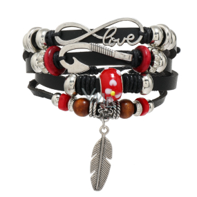 Leather multi-layer bracelet, symbol feather + anchor + infinity, adjustable size