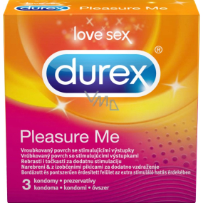 Durex Pleasure Me condom with indentations and protrusions to stimulate both partners nominal width: 56 mm 3 pieces