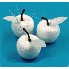 White apples with glitter for hanging 3 pieces in a bag, 4 cm