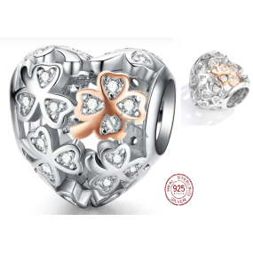 Charm Sterling silver 925 Beloved four-leaf clover for luck, heart bead for bracelet
