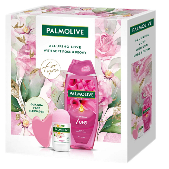 Palmolive Alluring Love Soft Rose & Peony Shower Gel 500 ml + Happy Roll-On Antiperspirant 50 ml + Gua Sha Facial Massage Tool, Cosmetic Set for Women