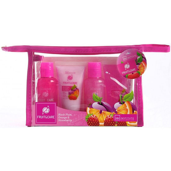 Idc Institute Fruit & Care Black Plum, Orange and Strawberry Travel set shower gel 70 ml + shampoo 70 ml + body lotion 50 ml + peeling 50 ml + case, cosmetic set