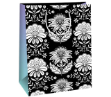 Ditipo Gift paper bag 22 x 10 x 29 cm Kreativ Black white flowers green glitter
