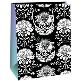 Ditipo Gift paper bag 22 x 10 x 29 cm Kreativ Black white flowers green glitter