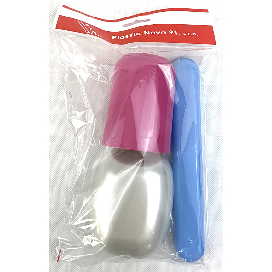 Plastic Nova Toiletry Bag Set - Travel Toiletry Set Pink, cup, toothbrush and soap case 3 pieces