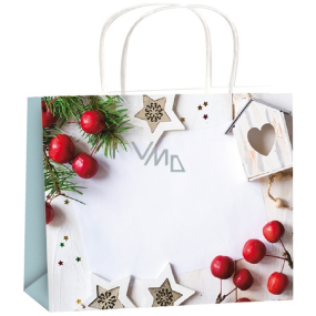 Gift paper bag 32 x 26 x 12,7 cm Christmas with stars and red berries