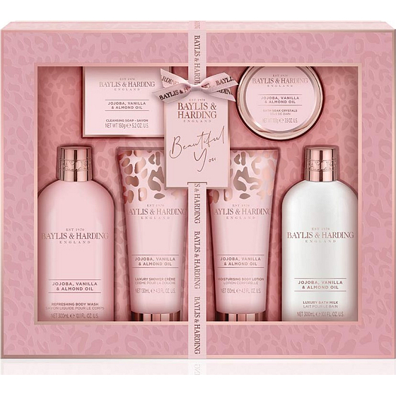 Baylis & Harding Jojoba, Vanilla and Almond oil cleansing gel 300 ml + bath milk 300 ml + toilet soap 150 g + shower cream 130 ml + body lotion 130 ml + bath salt 100 g, cosmetic set