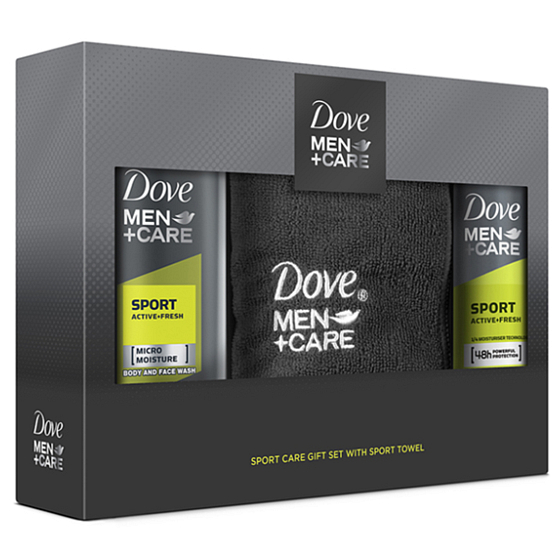 Dove Men + Care Sport Active + Fresh shower gel 250 ml + antiperspirant deodorant spray for men 150 ml + towel, cosmetic set