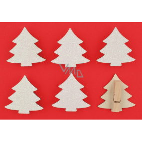 Wooden trees with glitter, white on peg 4,5 cm, 6 pieces