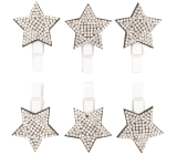 Wooden star on a peg with silver stones 3 cm 6 pieces