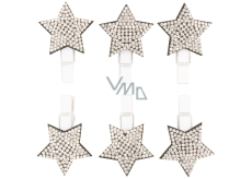 Wooden star on a peg with silver stones 3 cm 6 pieces
