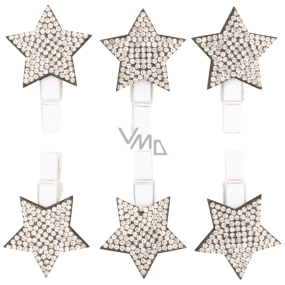 Wooden star on a clip with silver stones 3 cm 6 pieces