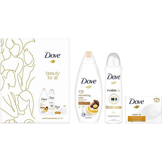 Dove Beauty For All Nourishing Care shower gel 250 ml + Invisible Dry antiperspirant deodorant spray 150 ml + Cream Oil Moroccan Argan Oil toilet soap 100 g, cosmetic set