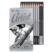 Colorino Artist drawing set of graphite pencils and charcoals, round, 10 pencils and soft and hard charcoal, metal box