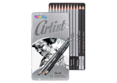 Colorino Artist drawing set of graphite pencils and charcoals, round, 10 pencils and soft and hard charcoal, metal box